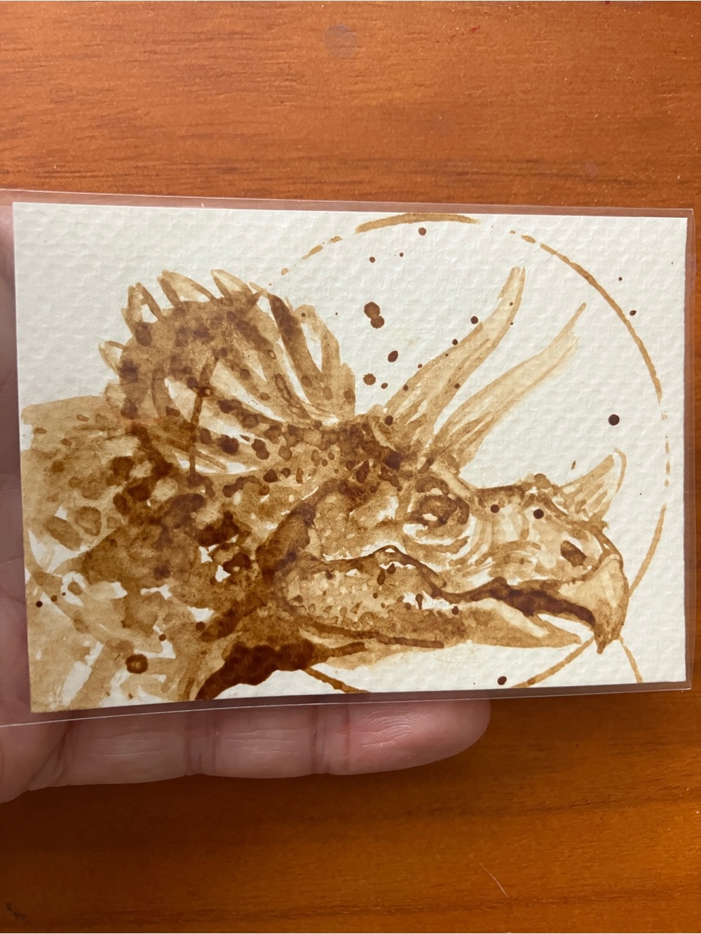 Aceo original coffee dinosaur painting Jurassic gift art atc collectible mini
